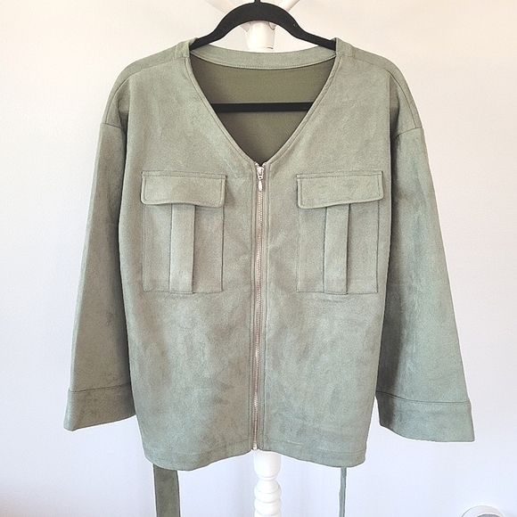 SUEDE Jade Green Wide Long Sleeve V Neck Waist Tie Jacket - Picture 2 of 10